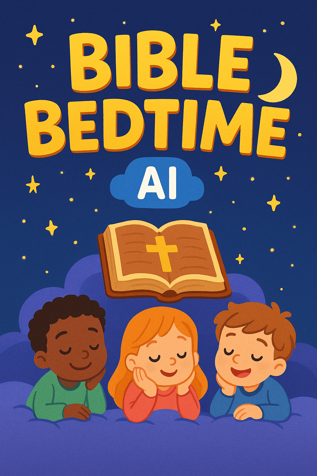 Bible Bedtime AI welcome artwork with kids, stars, and an open Bible